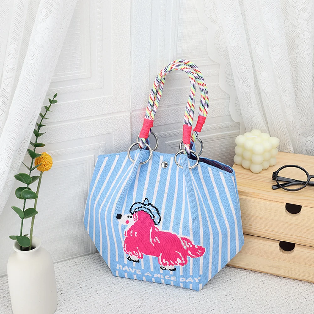 Braided-Handle Bucket Bags — Vertical Stripe — Pink