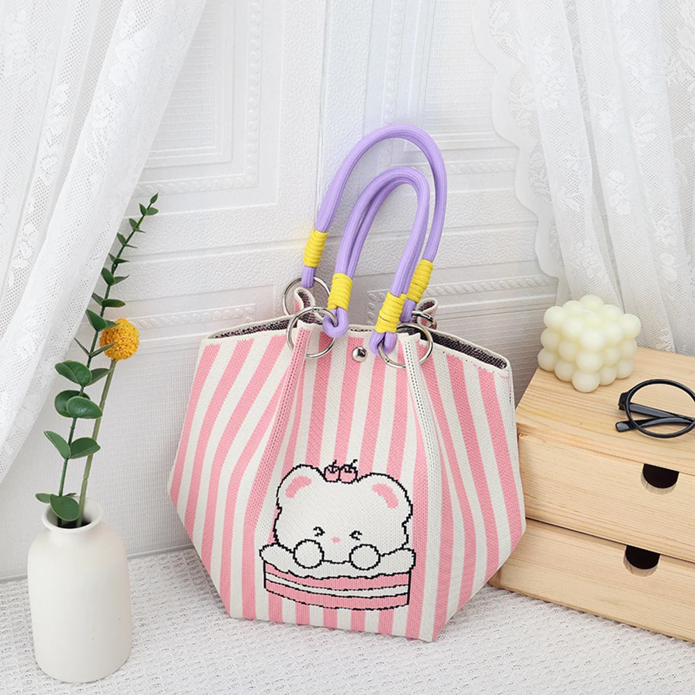 Braided-Handle Bucket Bags — Vertical Stripe