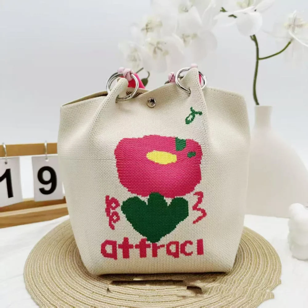Braided-Handle Bucket Bags — Flower — Pink