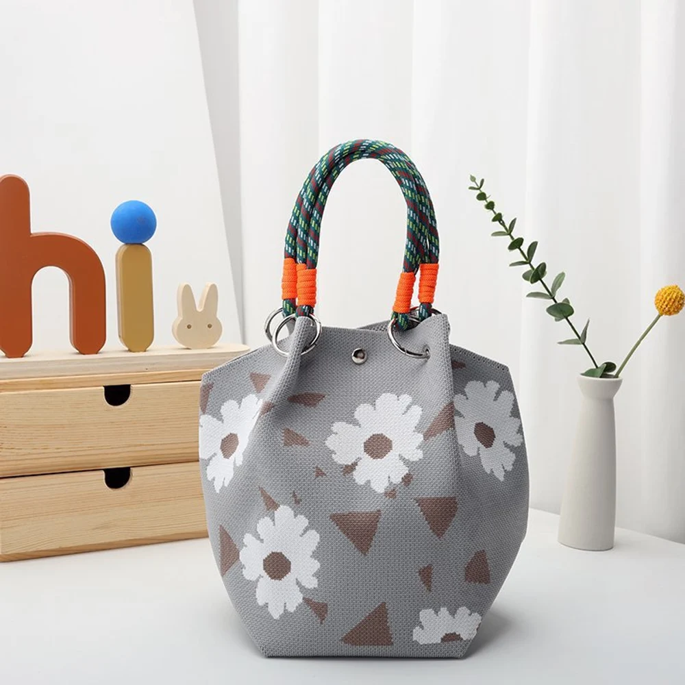 Braided-Handle Bucket Bags — Floral — White