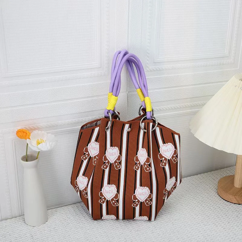Braided-Handle Bucket Bags — Vertical Stripe — Brown