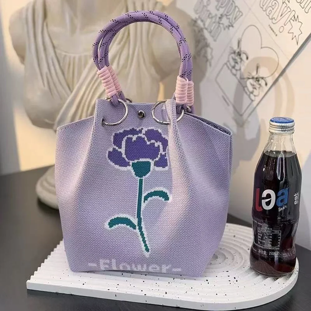 Braided-Handle Bucket Bags — Flower — Purple