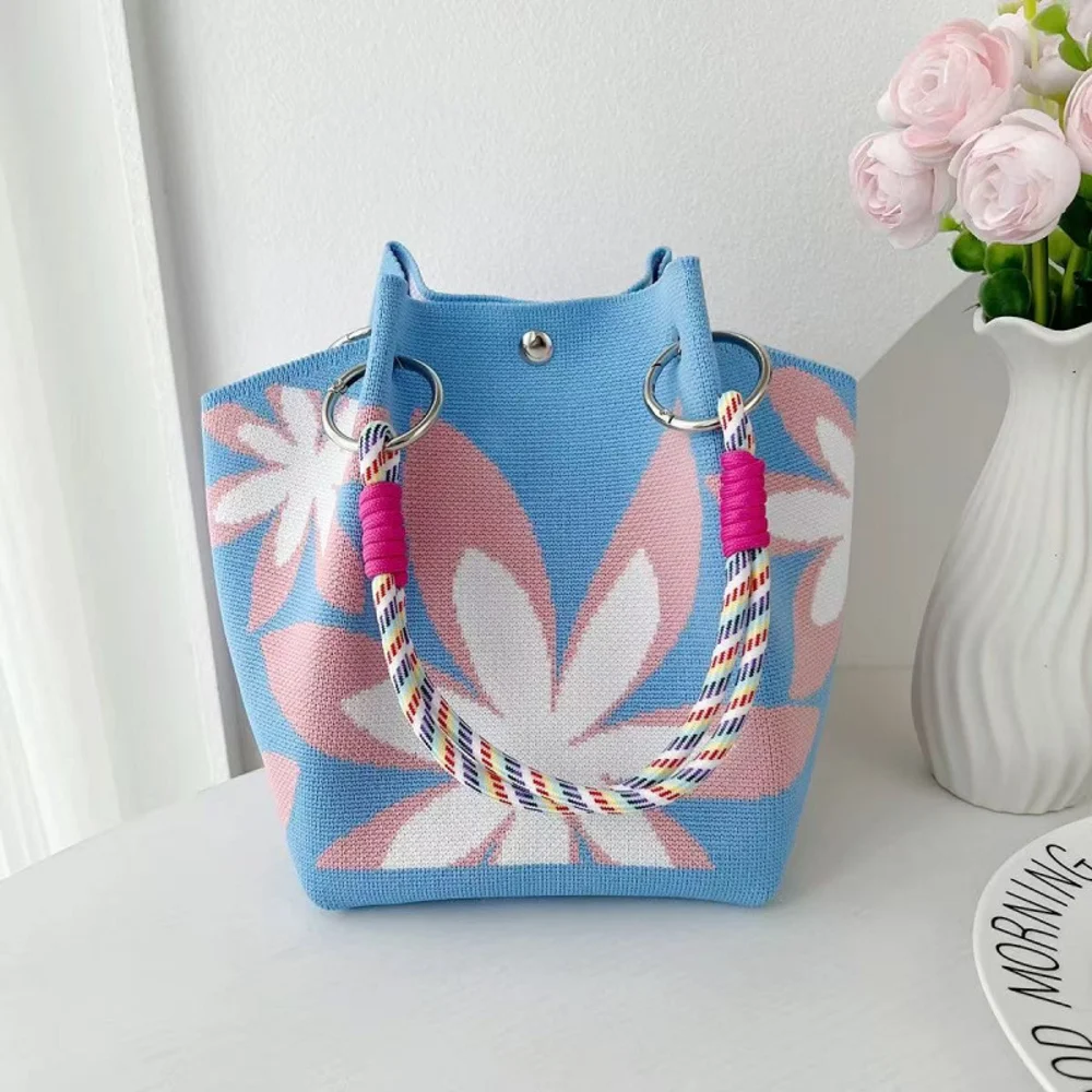 Braided-Handle Bucket Bags — Floral — Blue