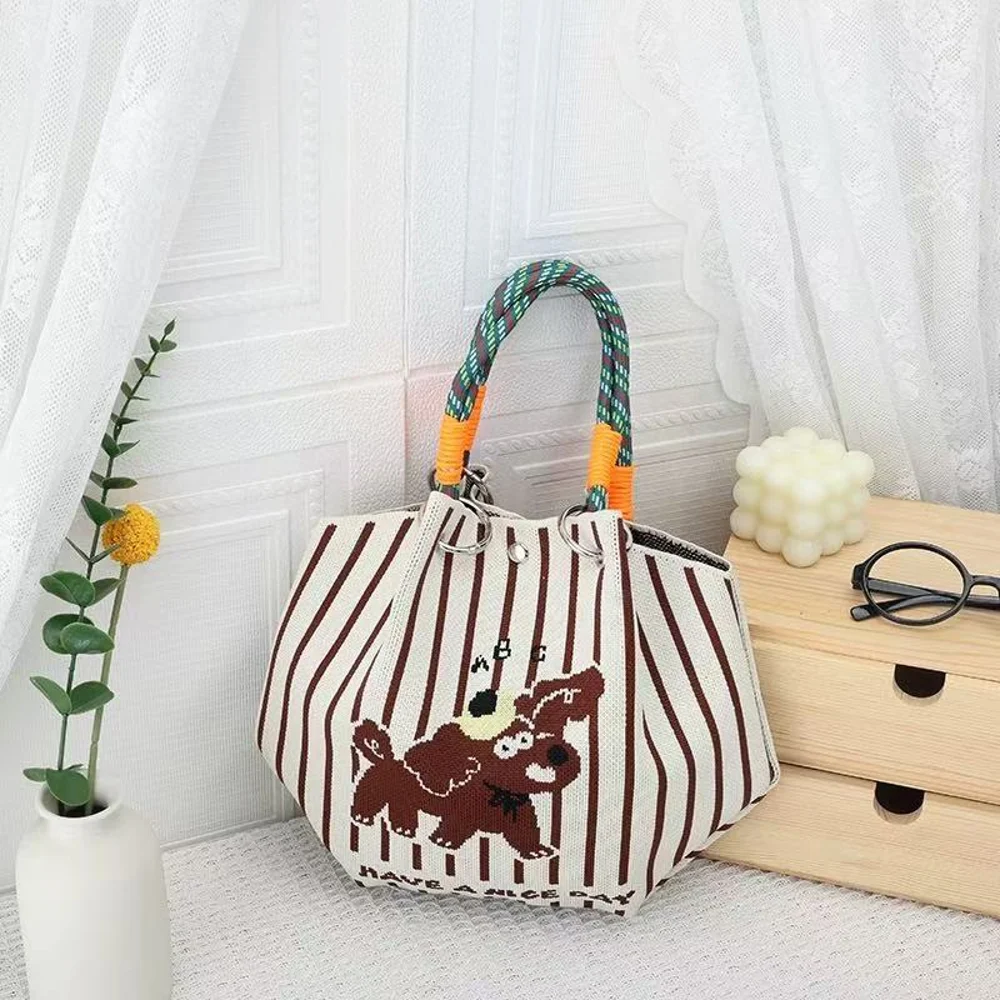 Braided-Handle Bucket Bags — Vertical Stripe — Brown