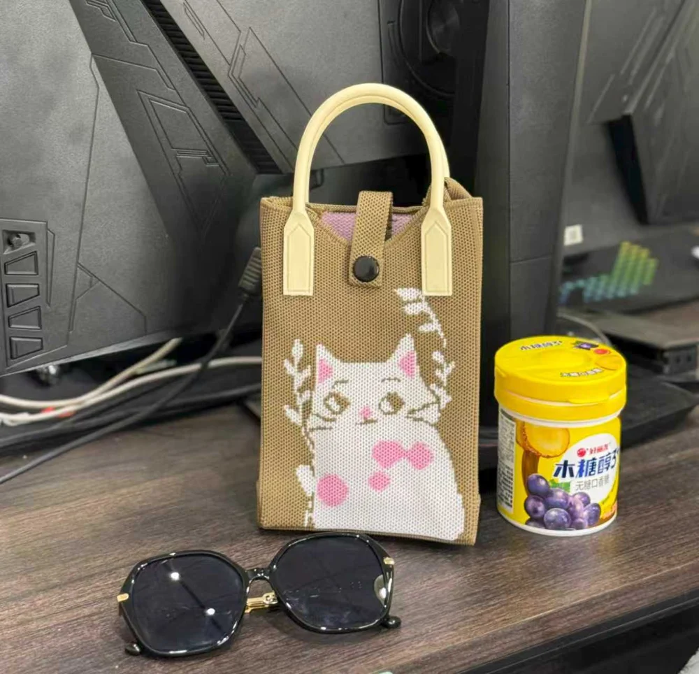 Tab-Closure Phone Totes — Cat — Brown