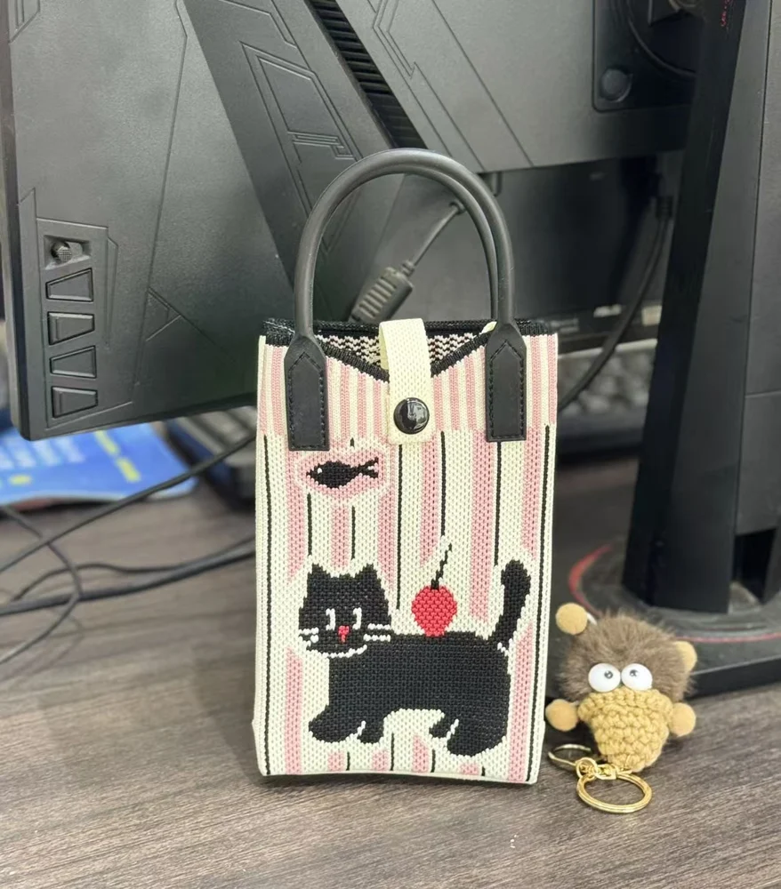 Tab-Closure Phone Totes — Vertical Stripe — Pink