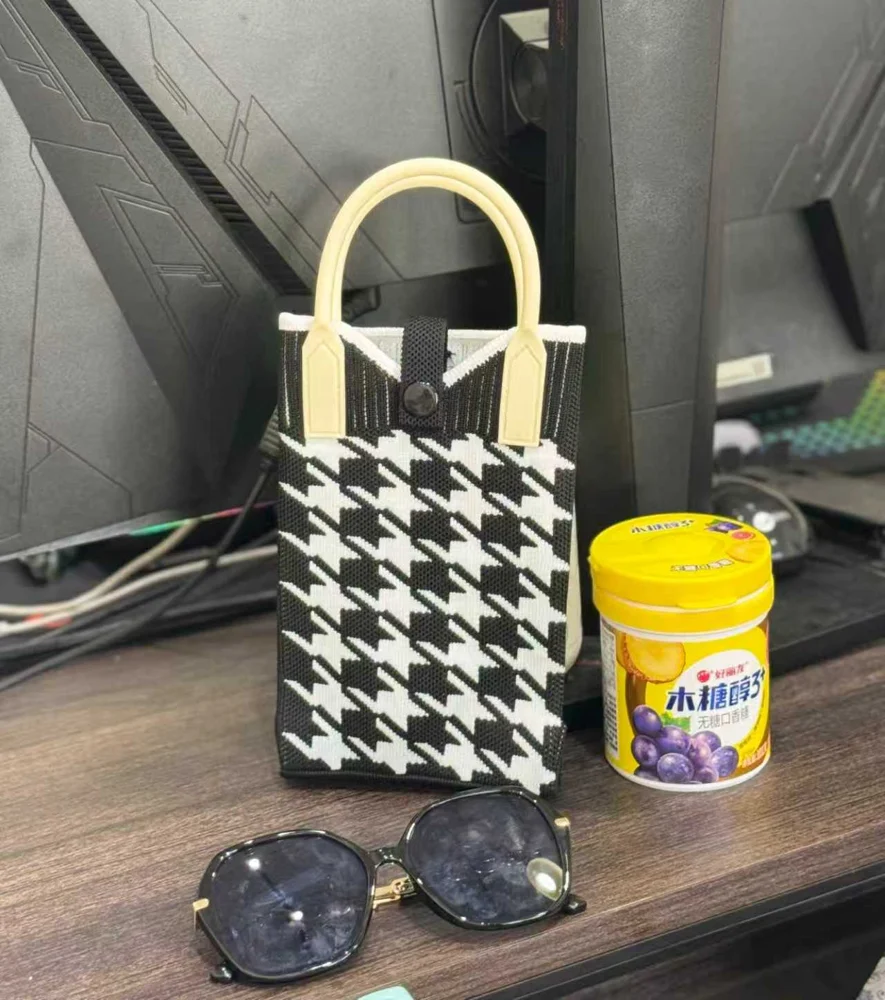 Tab-Closure Phone Totes — Houndstooth — Black