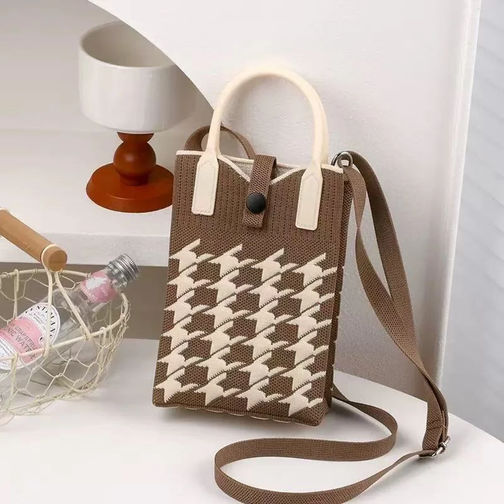 Tab-Closure Phone Totes — Houndstooth — Brown