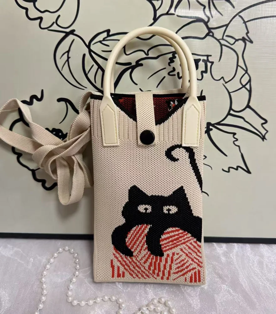 Tab-Closure Phone Totes — Cat — Cream