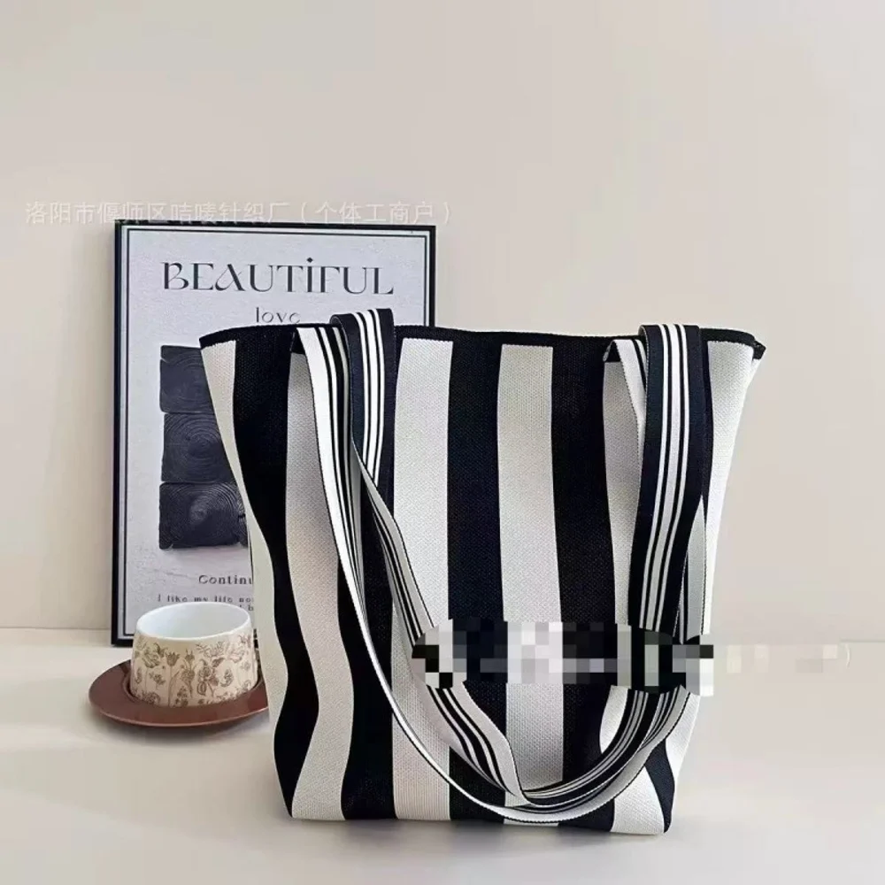 Graphic Knitted Shoulder Totes — Vertical Stripe — Black / White