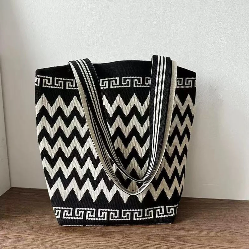 Graphic Knitted Shoulder Totes — Chevron — Black