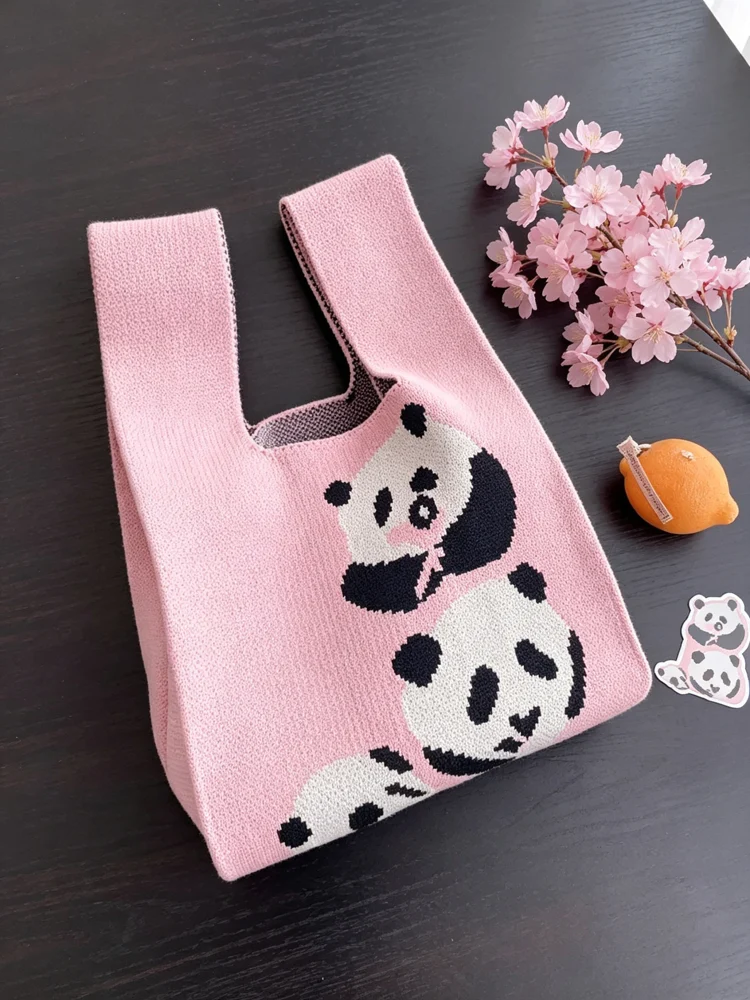 Loop-Handle Knitted Bags — Panda — Pink