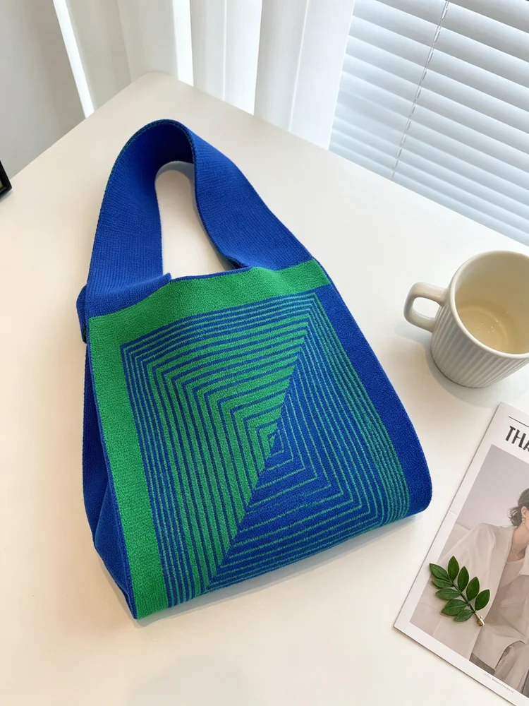 Loop-Handle Knitted Bags — Graphic — Blue