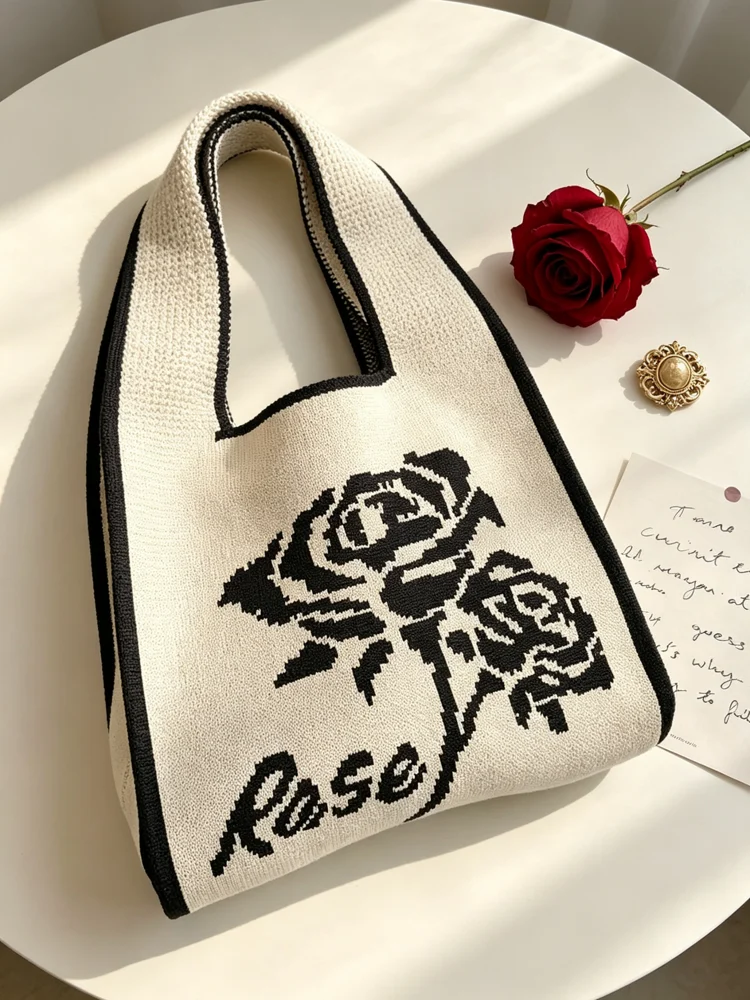 Loop-Handle Knitted Bags — Graphic — Cream