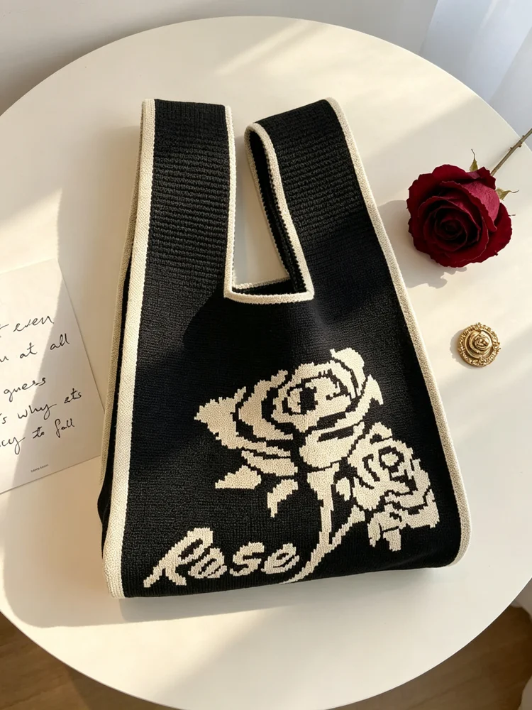 Loop-Handle Knitted Bags — Graphic — Black