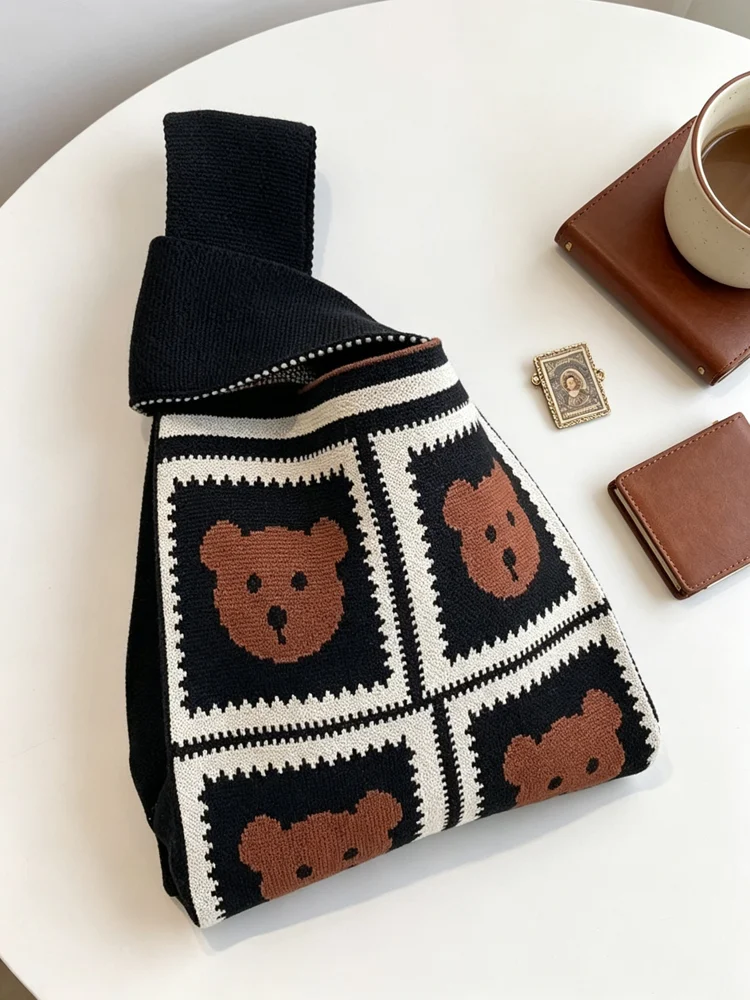 Loop-Handle Knitted Bags — Bear — Brown