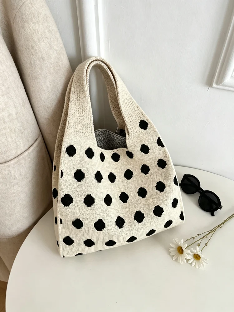 Loop-Handle Knitted Bags — Polka Dot — Black