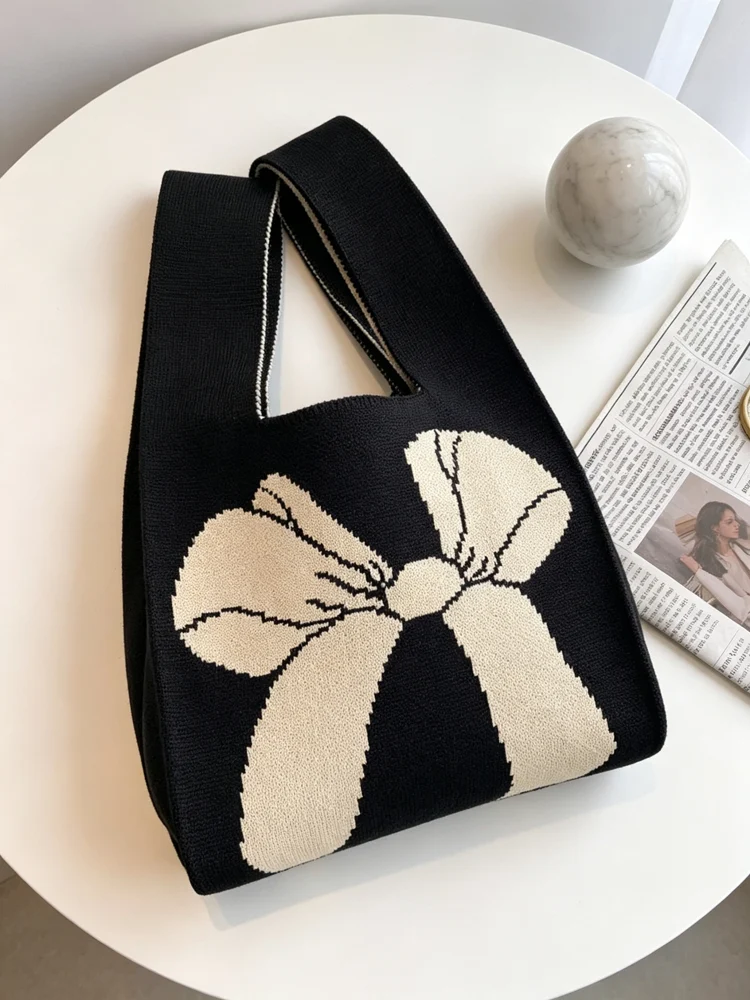 Loop-Handle Knitted Bags — Bow — Black