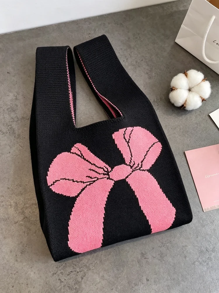 Loop-Handle Knitted Bags — Bow — Pink