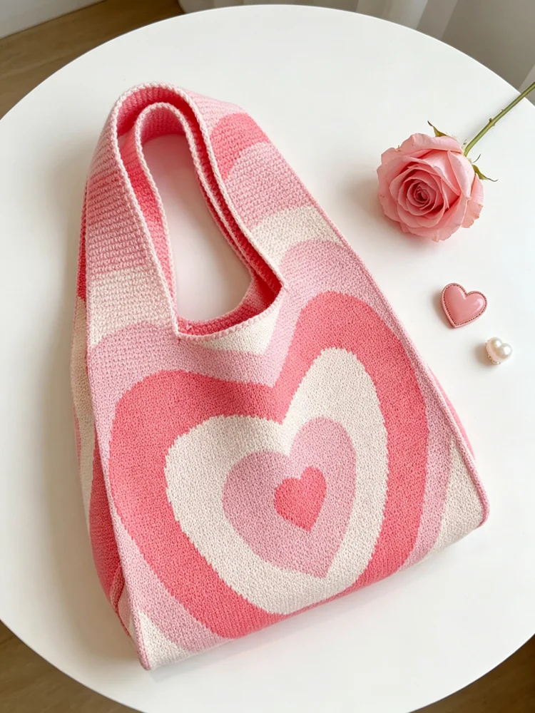 Loop-Handle Knitted Bags — Heart — Pink