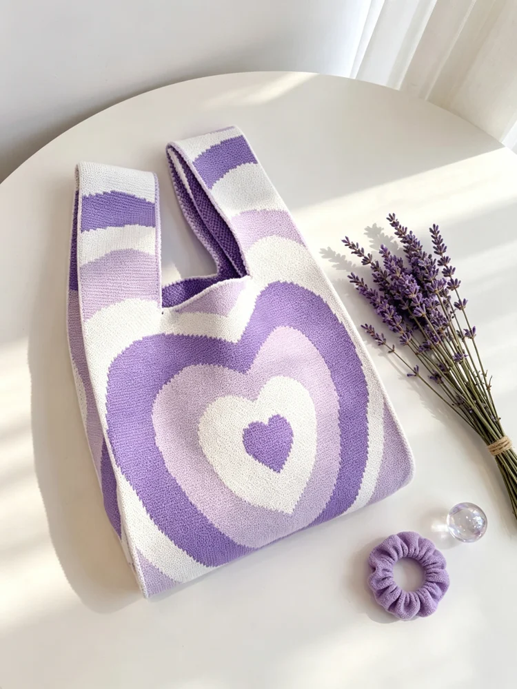 Loop-Handle Knitted Bags — Heart — Purple