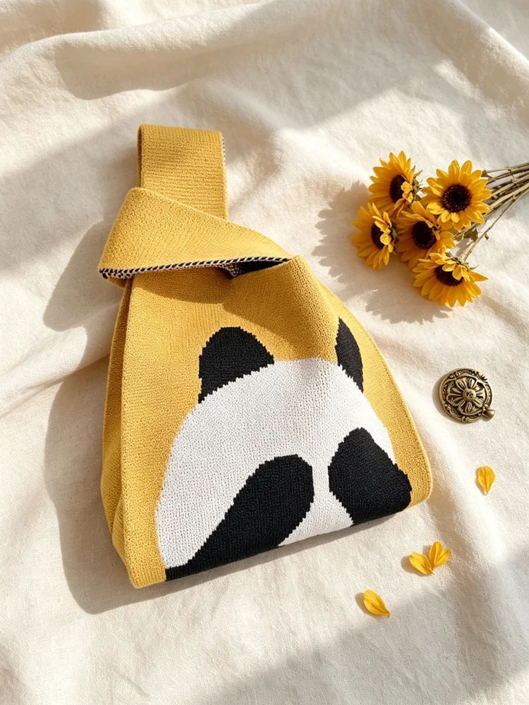 Loop-Handle Knitted Bags — Bear — Yellow