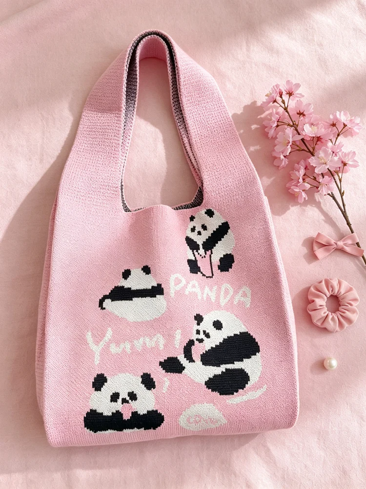 Loop-Handle Knitted Bags — Panda — Pink