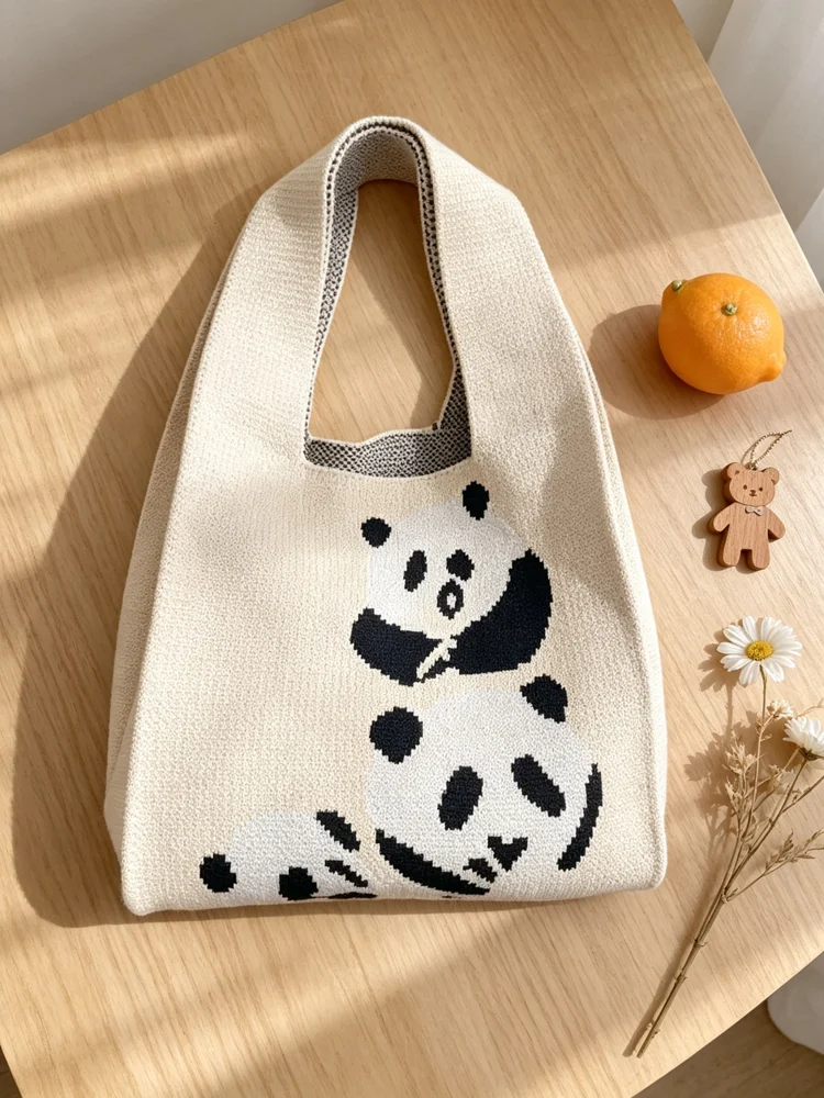 Loop-Handle Knitted Bags — Panda — Cream