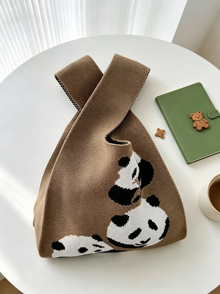 Loop-Handle Knitted Bags — Panda — Brown