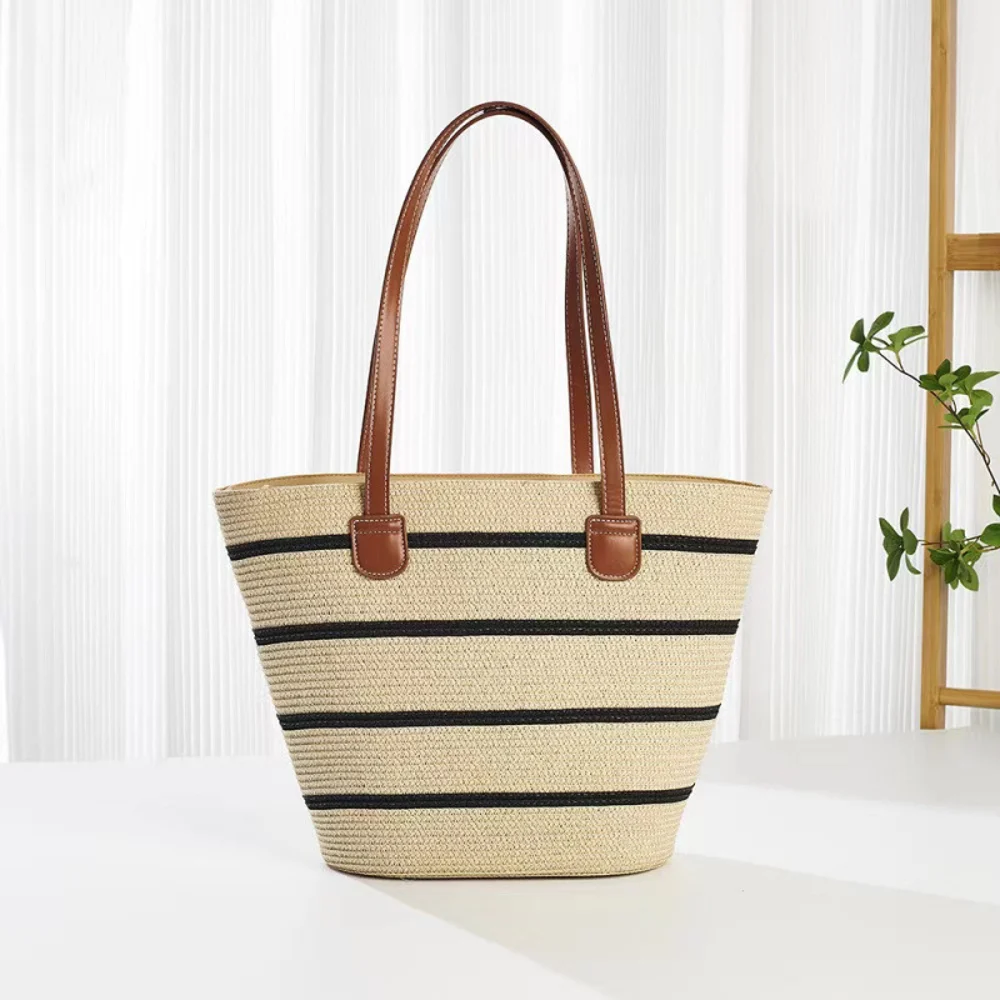Textured Basket-Shape Totes — Stripe — Cream