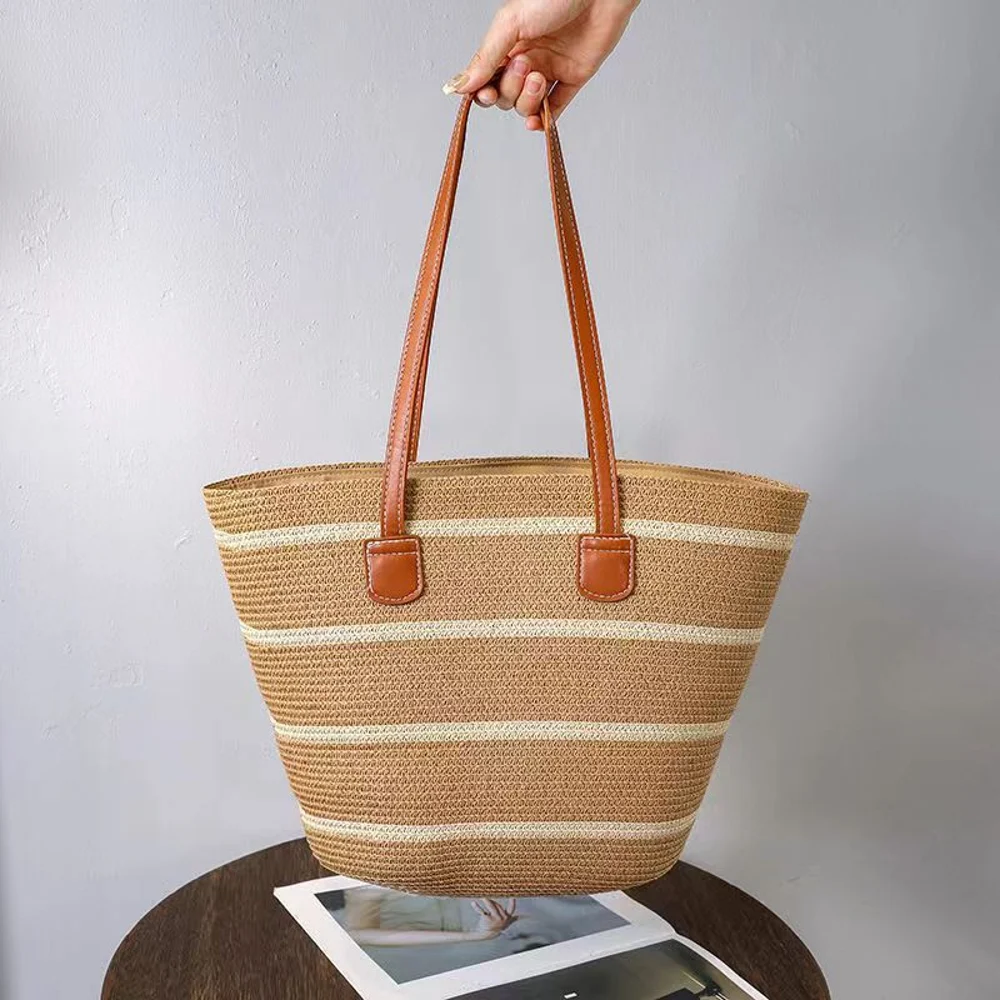 Textured Basket-Shape Totes — Stripe — Khaki