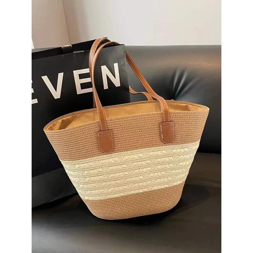 Textured Basket-Shape Totes — Graphic — Khaki