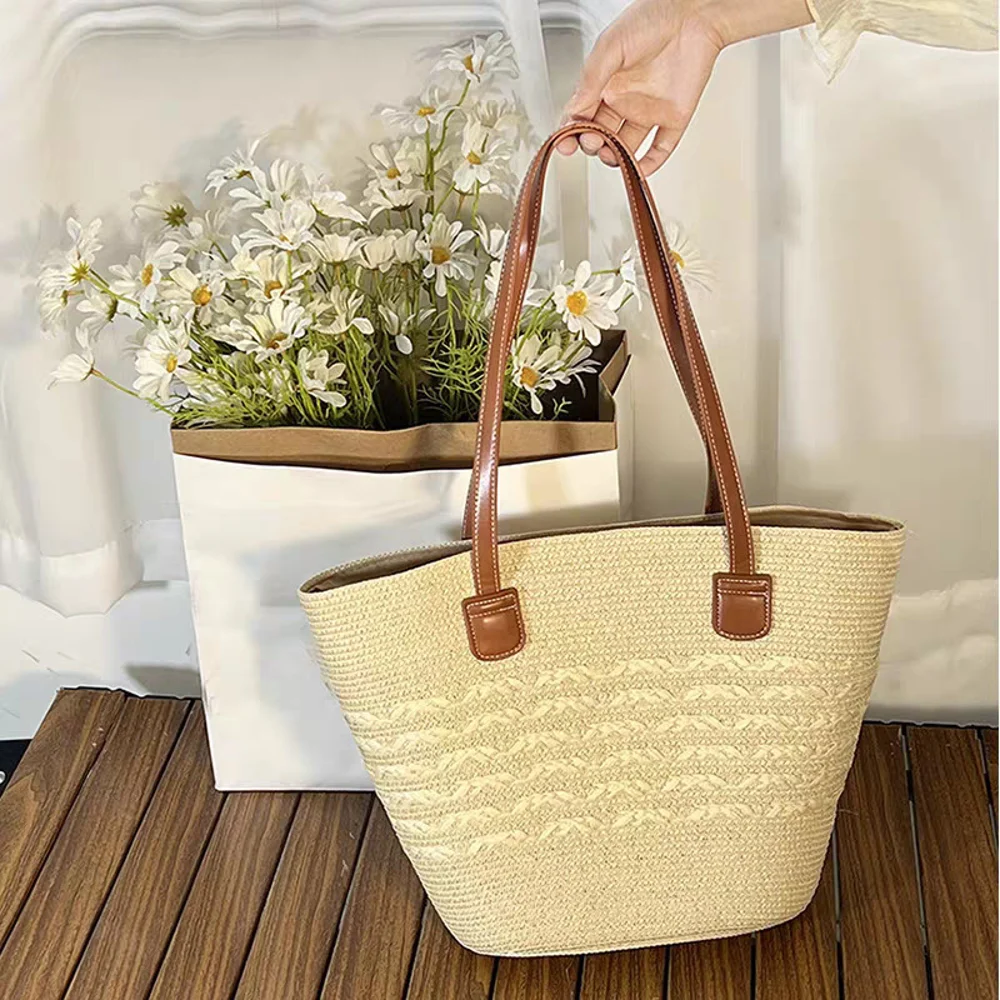 Textured Basket-Shape Totes — Graphic — Cream
