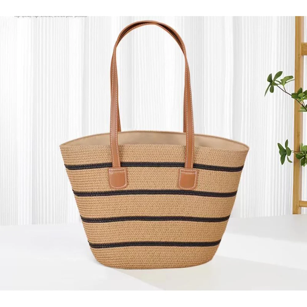Textured Basket-Shape Totes — Stripe — Khaki