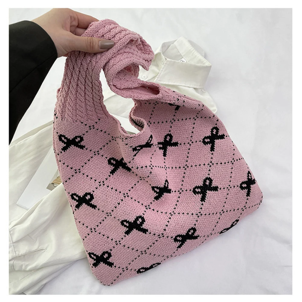Bow-Pattern Shoulder Bags — Bow — Pink